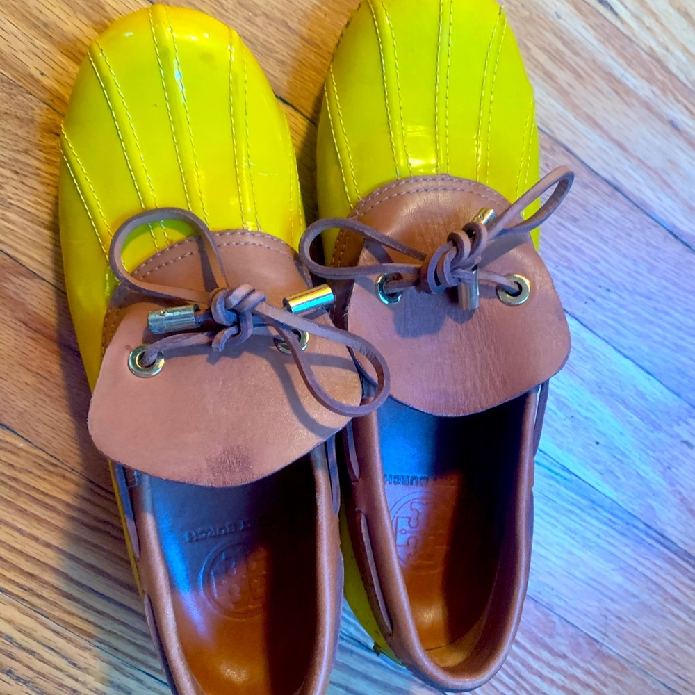 Yellow Tory Burch duck boots!